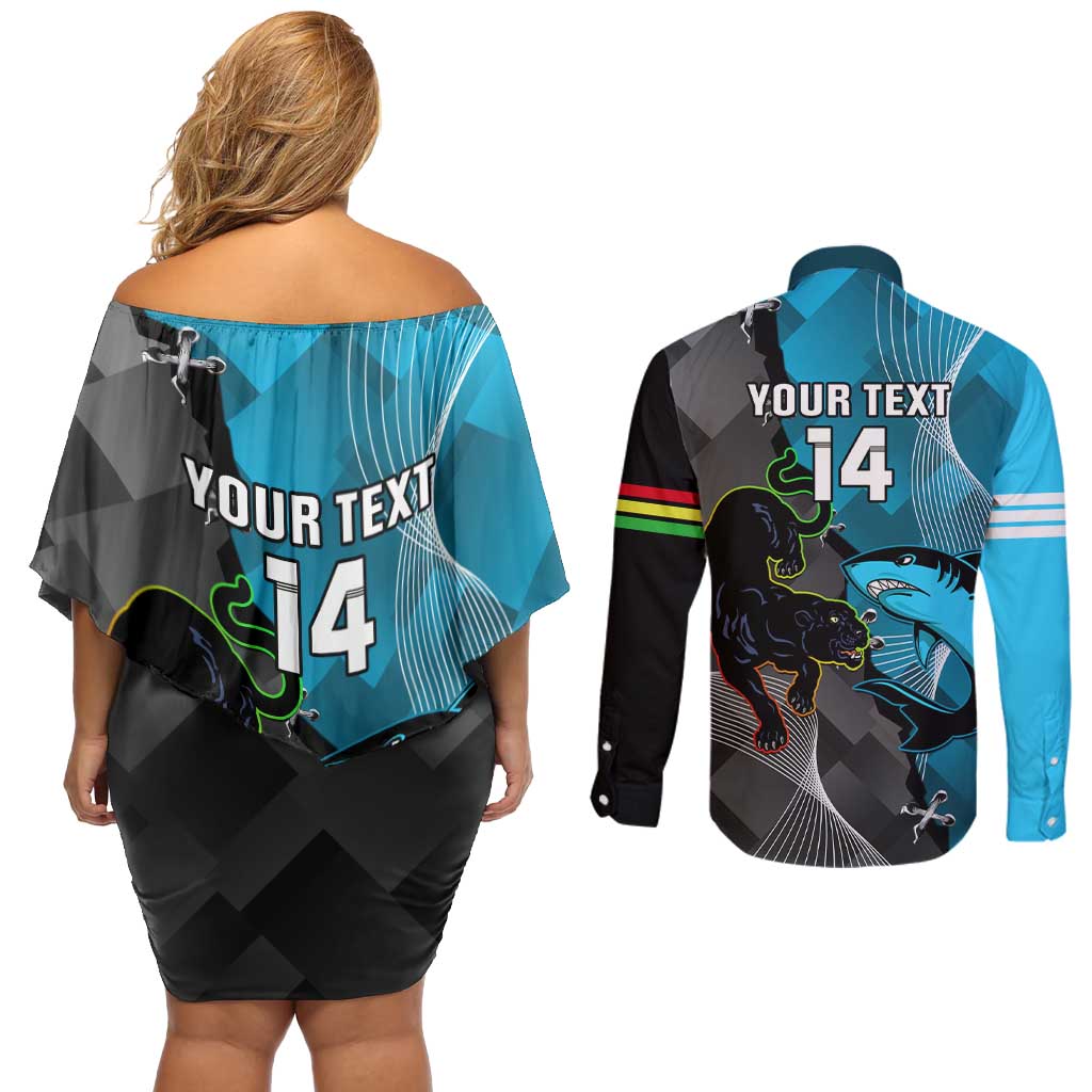 Custom NRL Panthers And Sharks Rugby 2024 Couples Matching Off Shoulder Short Dress and Long Sleeve Button Shirt Go Champions Dynamic Version