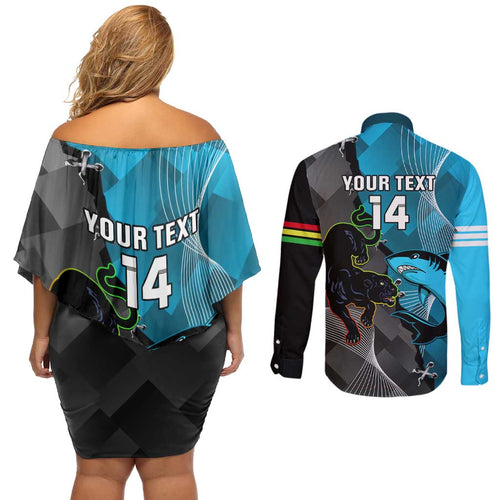 Custom NRL Panthers And Sharks Rugby 2024 Couples Matching Off Shoulder Short Dress and Long Sleeve Button Shirt Go Champions Dynamic Version