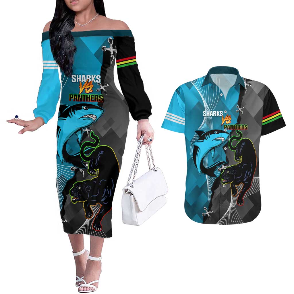Custom NRL Panthers And Sharks Rugby 2024 Couples Matching Off The Shoulder Long Sleeve Dress and Hawaiian Shirt Go Champions Dynamic Version