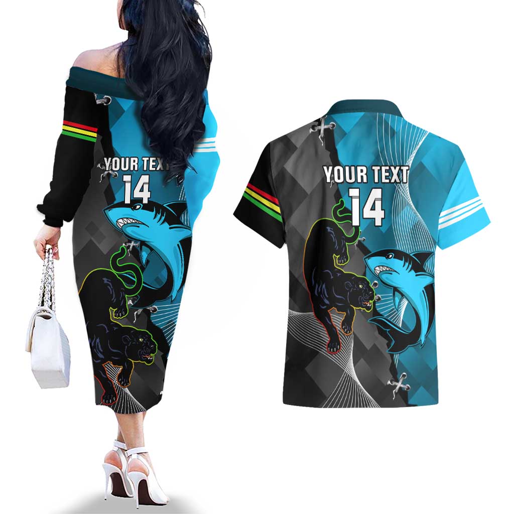 Custom NRL Panthers And Sharks Rugby 2024 Couples Matching Off The Shoulder Long Sleeve Dress and Hawaiian Shirt Go Champions Dynamic Version