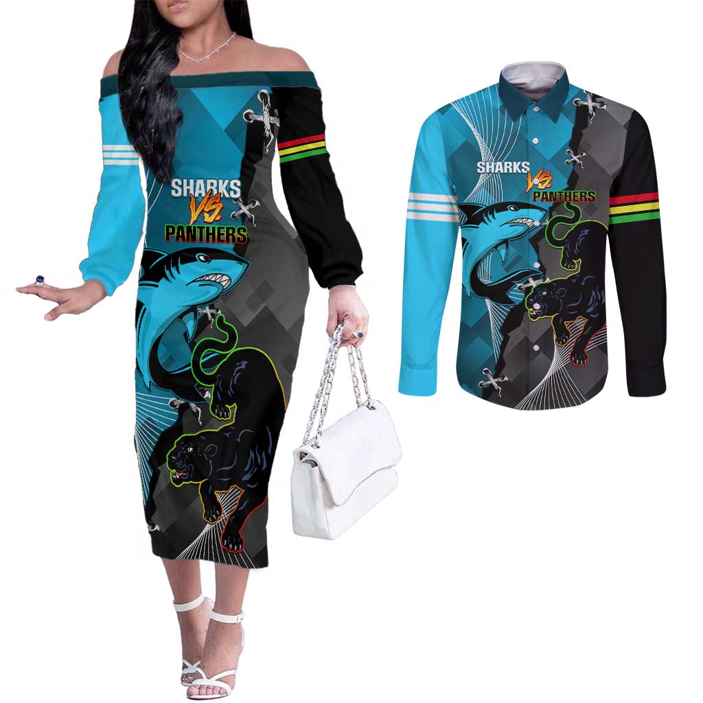 Custom NRL Panthers And Sharks Rugby 2024 Couples Matching Off The Shoulder Long Sleeve Dress and Long Sleeve Button Shirt Go Champions Dynamic Version