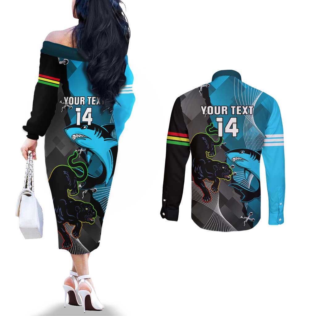 Custom NRL Panthers And Sharks Rugby 2024 Couples Matching Off The Shoulder Long Sleeve Dress and Long Sleeve Button Shirt Go Champions Dynamic Version