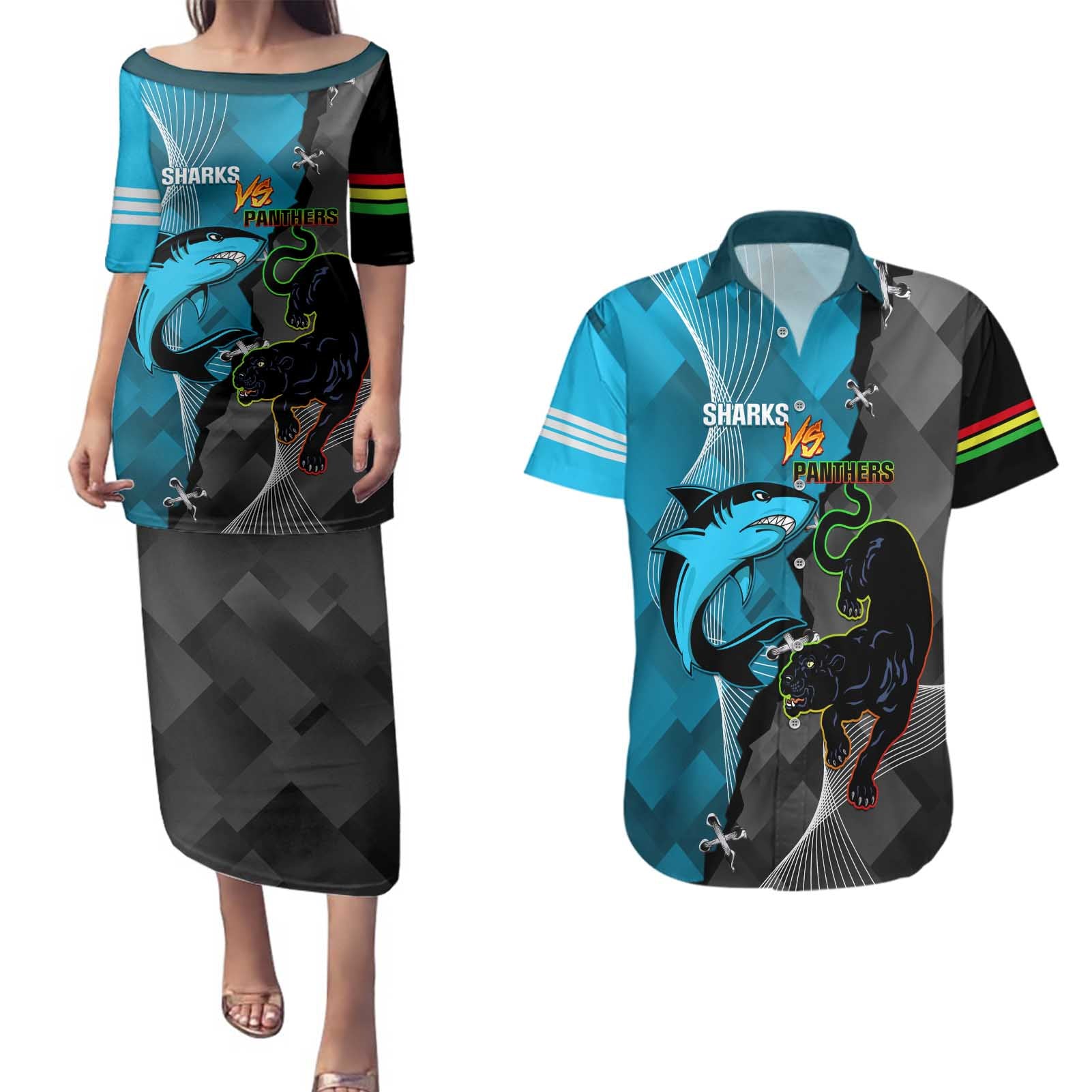 Custom NRL Panthers And Sharks Rugby 2024 Couples Matching Puletasi and Hawaiian Shirt Go Champions Dynamic Version