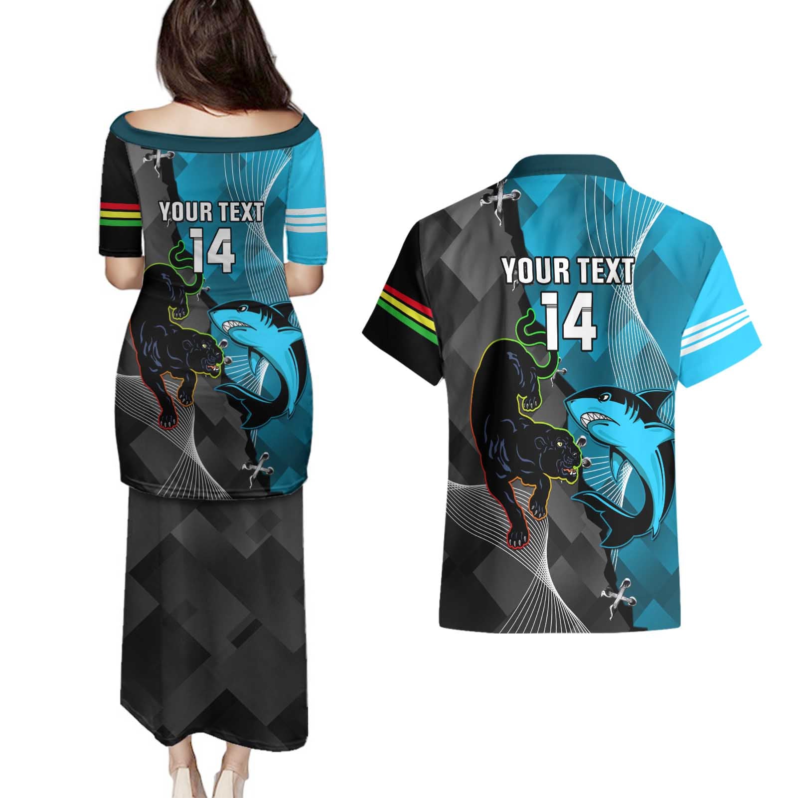 Custom NRL Panthers And Sharks Rugby 2024 Couples Matching Puletasi and Hawaiian Shirt Go Champions Dynamic Version