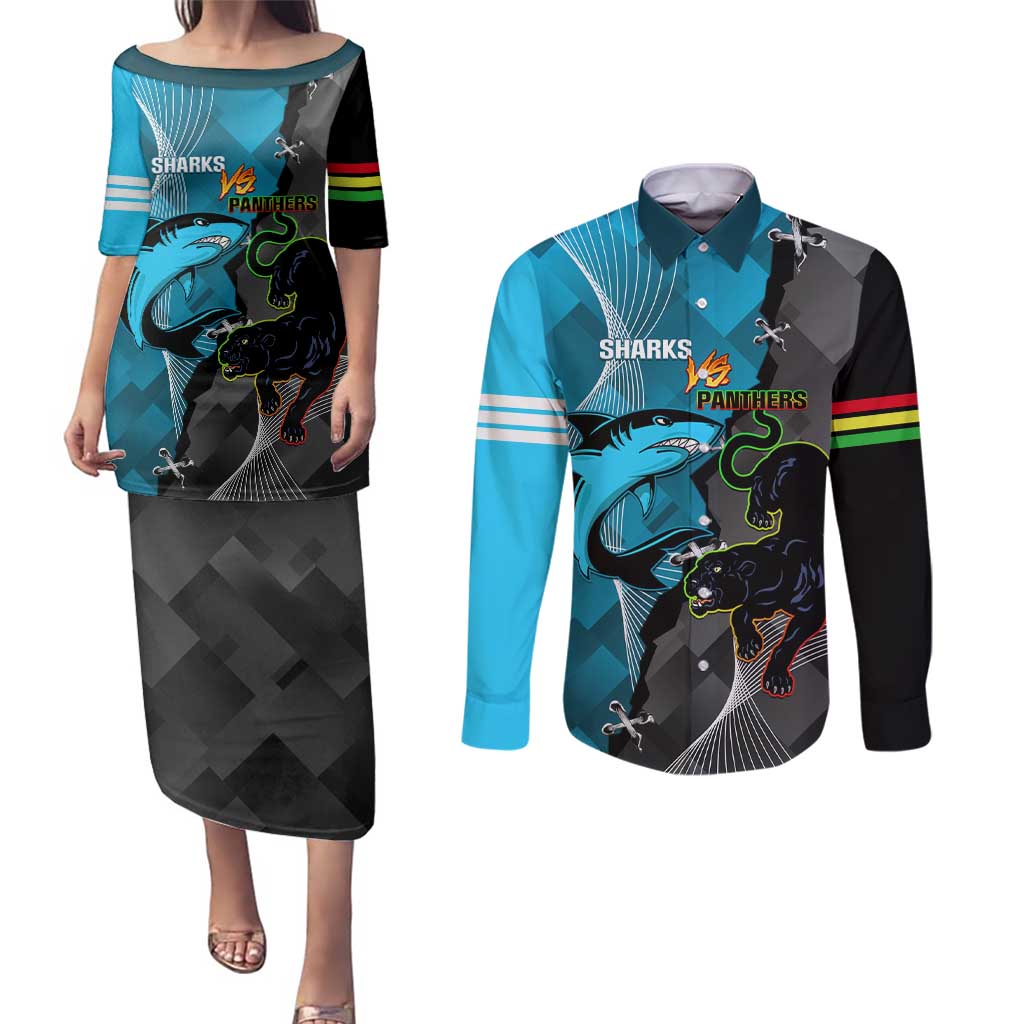 Custom NRL Panthers And Sharks Rugby 2024 Couples Matching Puletasi and Long Sleeve Button Shirt Go Champions Dynamic Version
