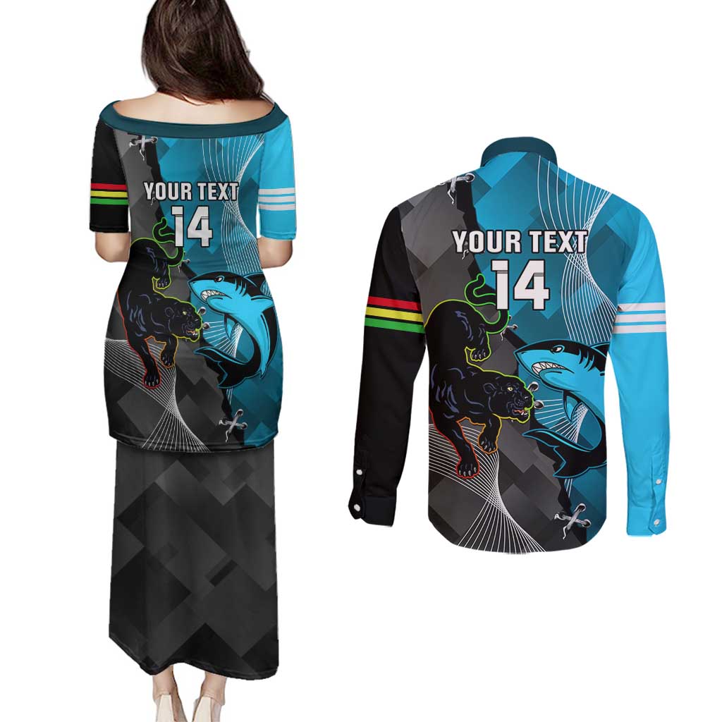 Custom NRL Panthers And Sharks Rugby 2024 Couples Matching Puletasi and Long Sleeve Button Shirt Go Champions Dynamic Version