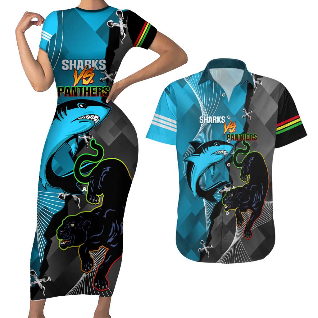 Custom NRL Panthers And Sharks Rugby 2024 Couples Matching Short Sleeve Bodycon Dress and Hawaiian Shirt Go Champions Dynamic Version