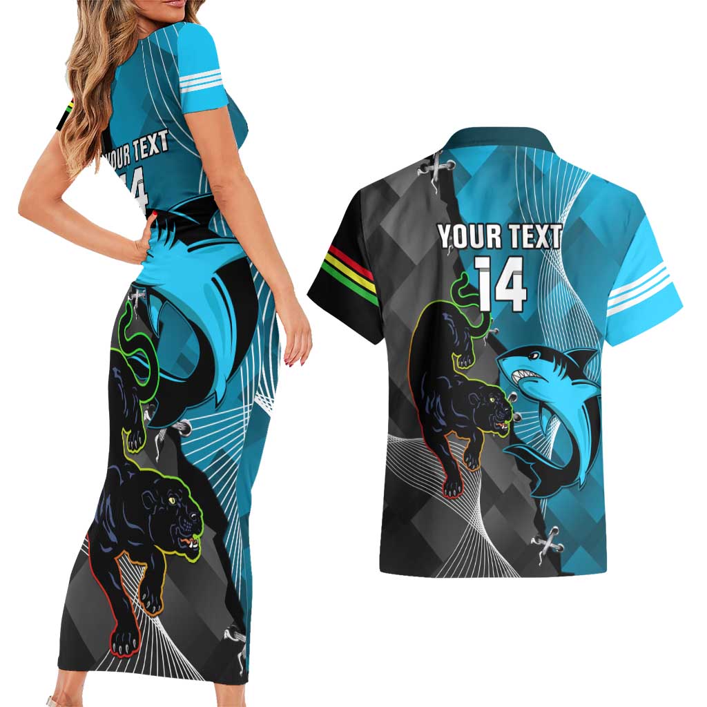Custom NRL Panthers And Sharks Rugby 2024 Couples Matching Short Sleeve Bodycon Dress and Hawaiian Shirt Go Champions Dynamic Version