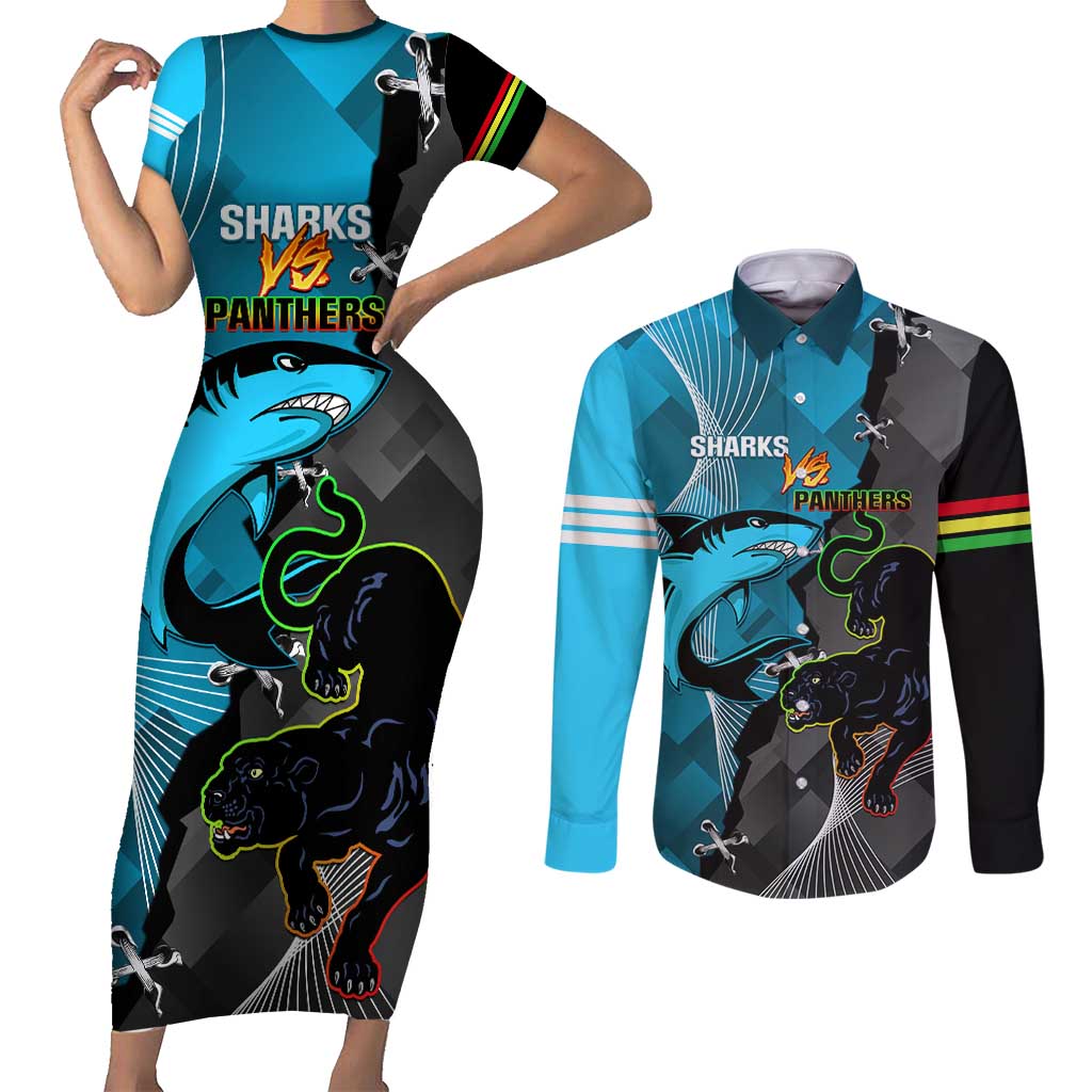 Custom NRL Panthers And Sharks Rugby 2024 Couples Matching Short Sleeve Bodycon Dress and Long Sleeve Button Shirt Go Champions Dynamic Version