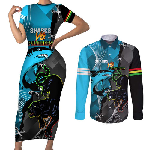 Custom NRL Panthers And Sharks Rugby 2024 Couples Matching Short Sleeve Bodycon Dress and Long Sleeve Button Shirt Go Champions Dynamic Version