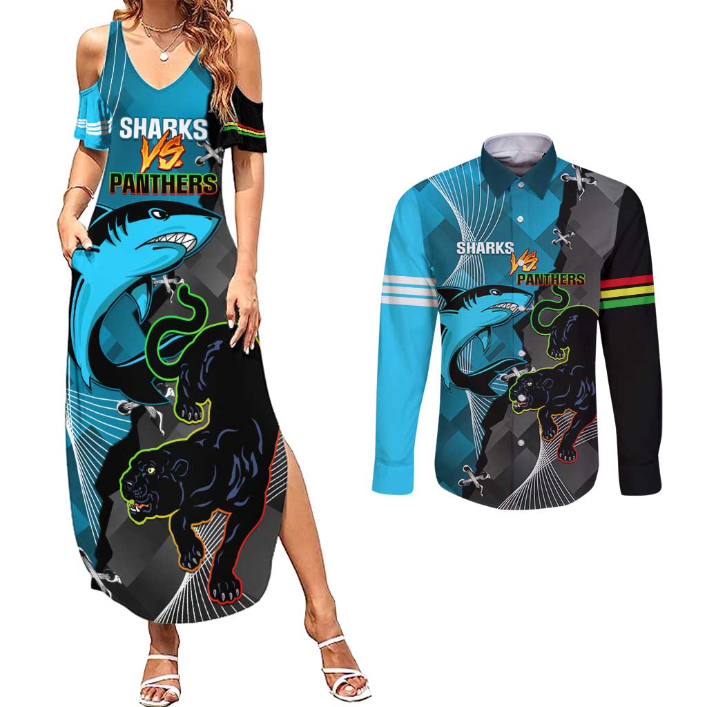 Custom NRL Panthers And Sharks Rugby 2024 Couples Matching Summer Maxi Dress and Long Sleeve Button Shirt Go Champions Dynamic Version