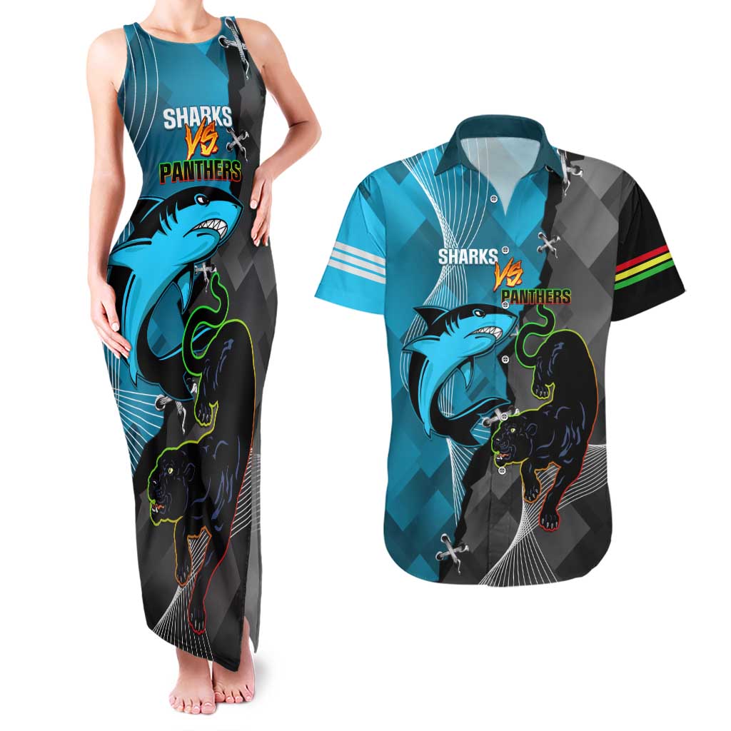 Custom NRL Panthers And Sharks Rugby 2024 Couples Matching Tank Maxi Dress and Hawaiian Shirt Go Champions Dynamic Version