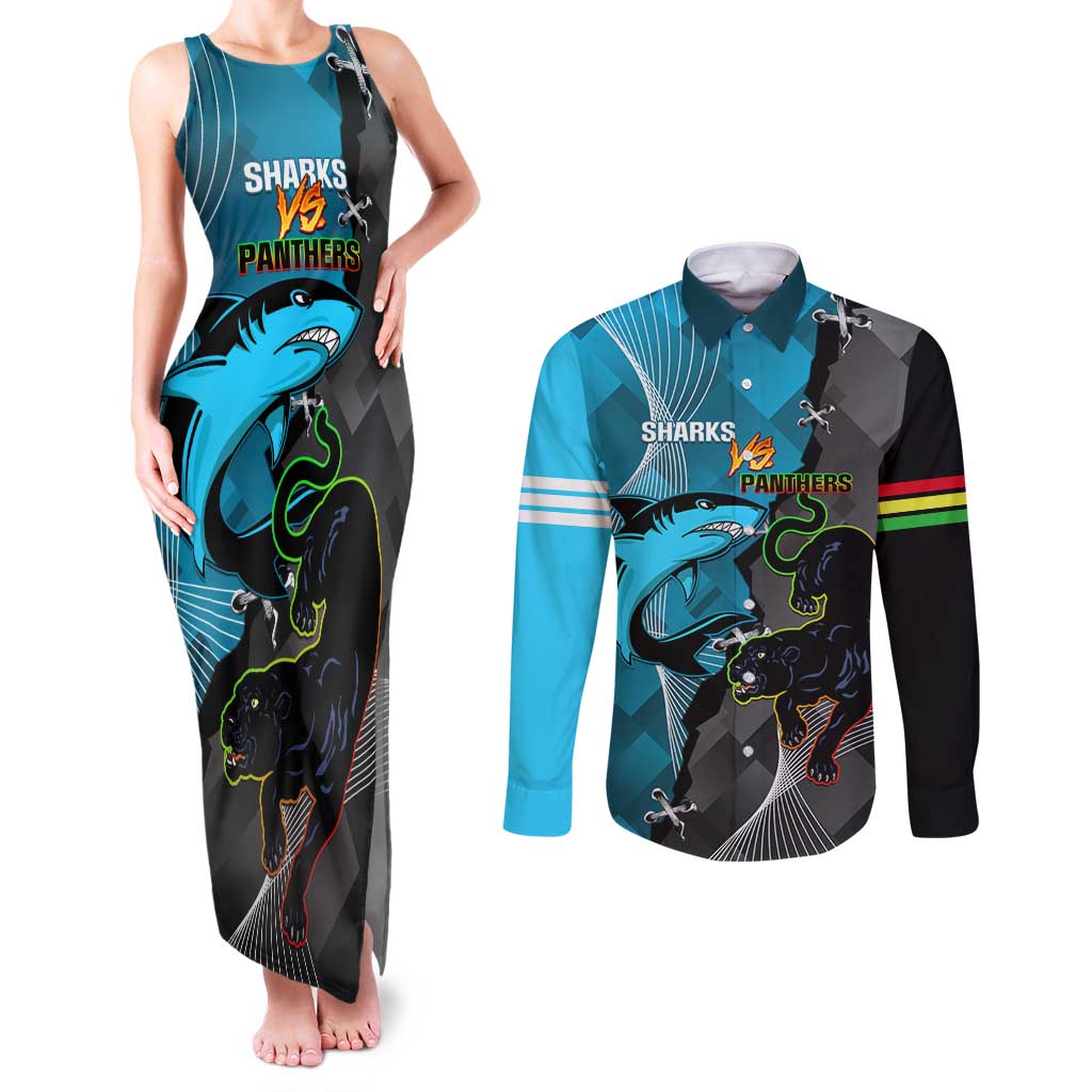 Custom NRL Panthers And Sharks Rugby 2024 Couples Matching Tank Maxi Dress and Long Sleeve Button Shirt Go Champions Dynamic Version