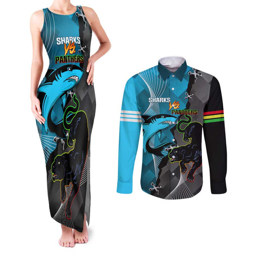 Custom NRL Panthers And Sharks Rugby 2024 Couples Matching Tank Maxi Dress and Long Sleeve Button Shirt Go Champions Dynamic Version