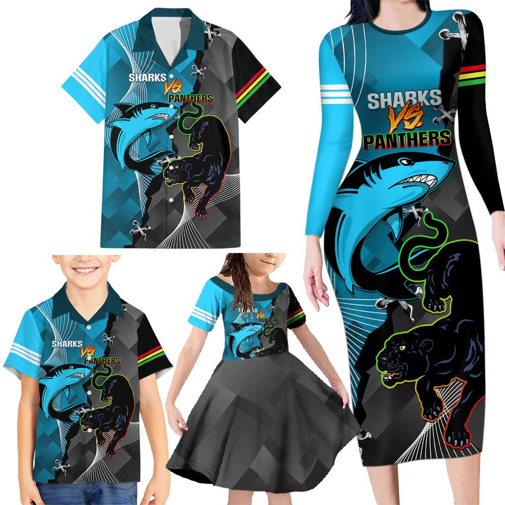 Custom NRL Panthers And Sharks Rugby 2024 Family Matching Long Sleeve Bodycon Dress and Hawaiian Shirt Go Champions Dynamic Version