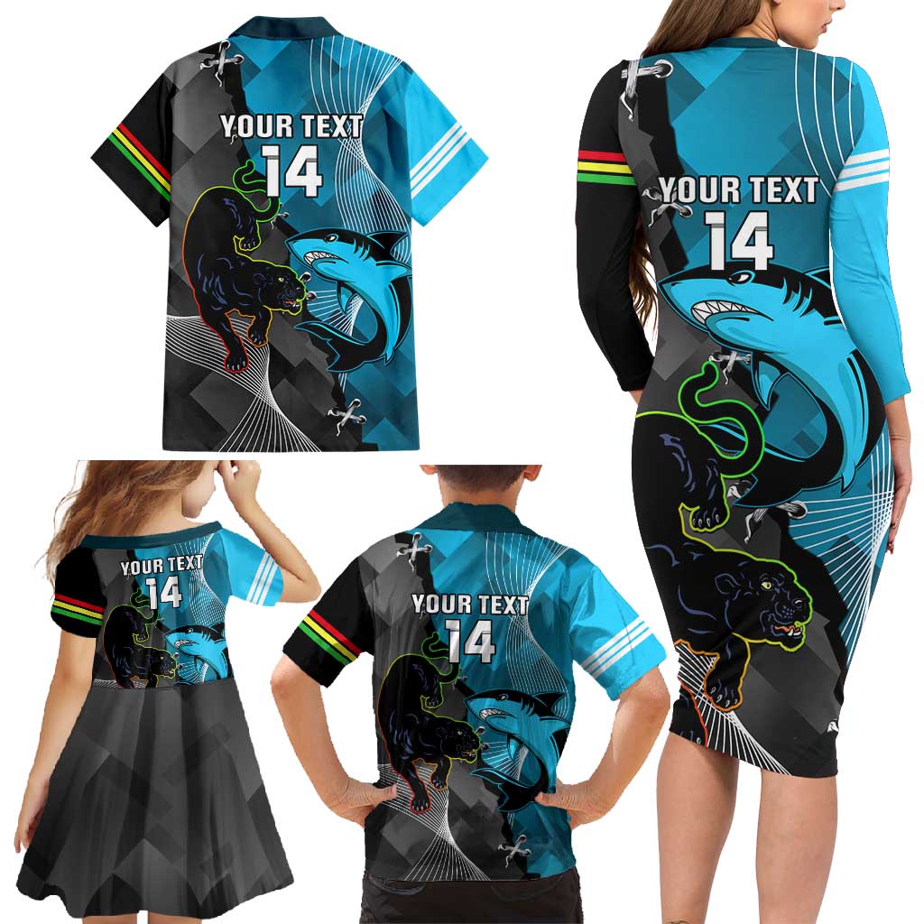 Custom NRL Panthers And Sharks Rugby 2024 Family Matching Long Sleeve Bodycon Dress and Hawaiian Shirt Go Champions Dynamic Version