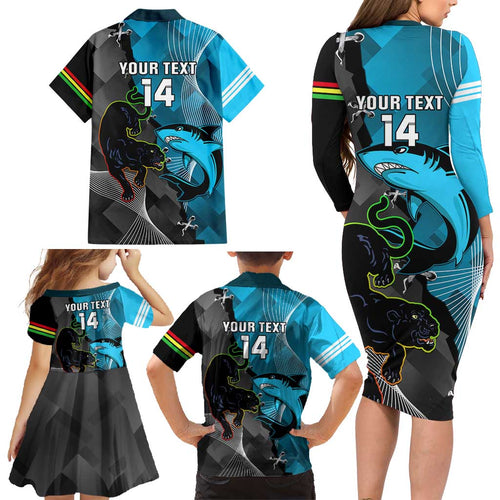 Custom NRL Panthers And Sharks Rugby 2024 Family Matching Long Sleeve Bodycon Dress and Hawaiian Shirt Go Champions Dynamic Version