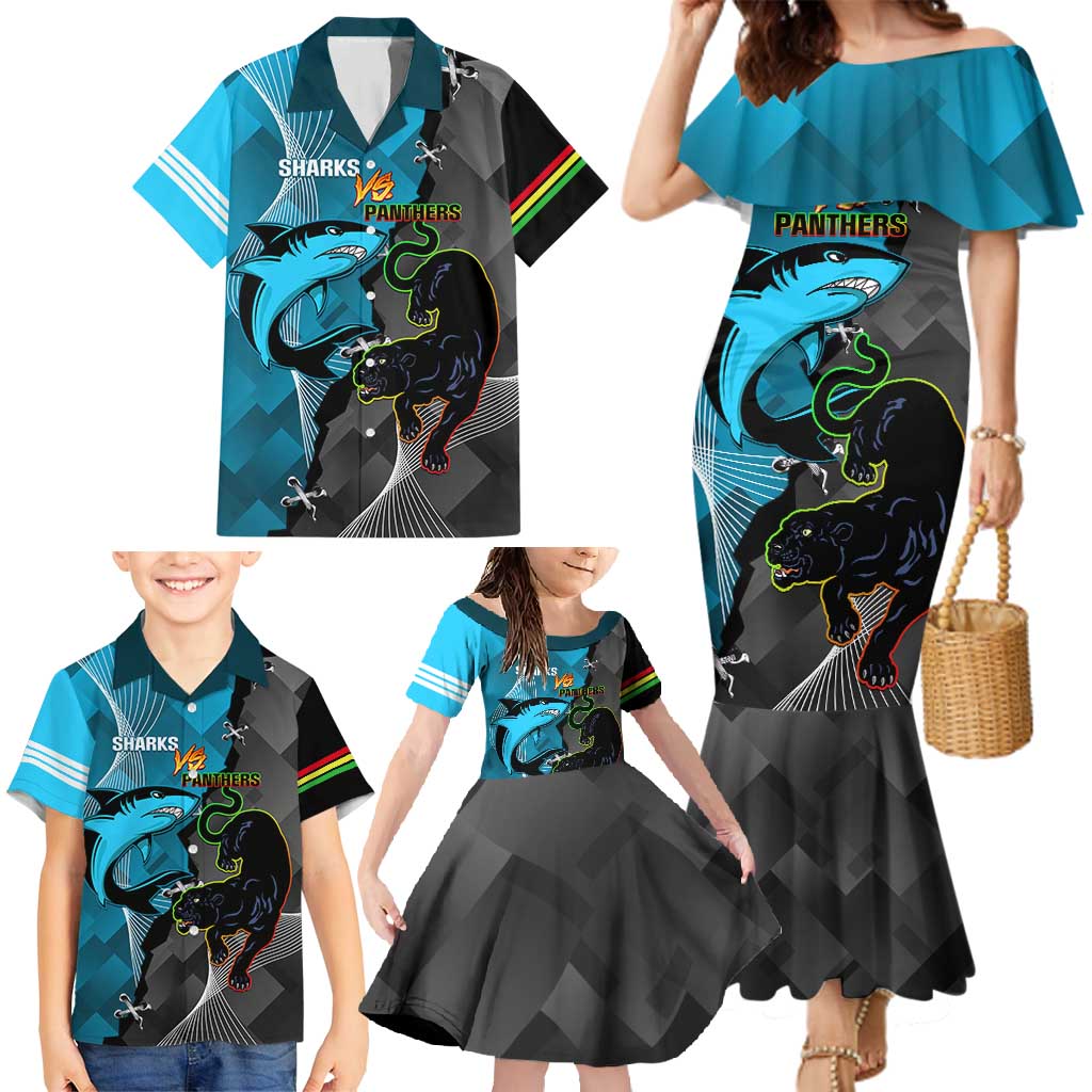 Custom NRL Panthers And Sharks Rugby 2024 Family Matching Mermaid Dress and Hawaiian Shirt Go Champions Dynamic Version