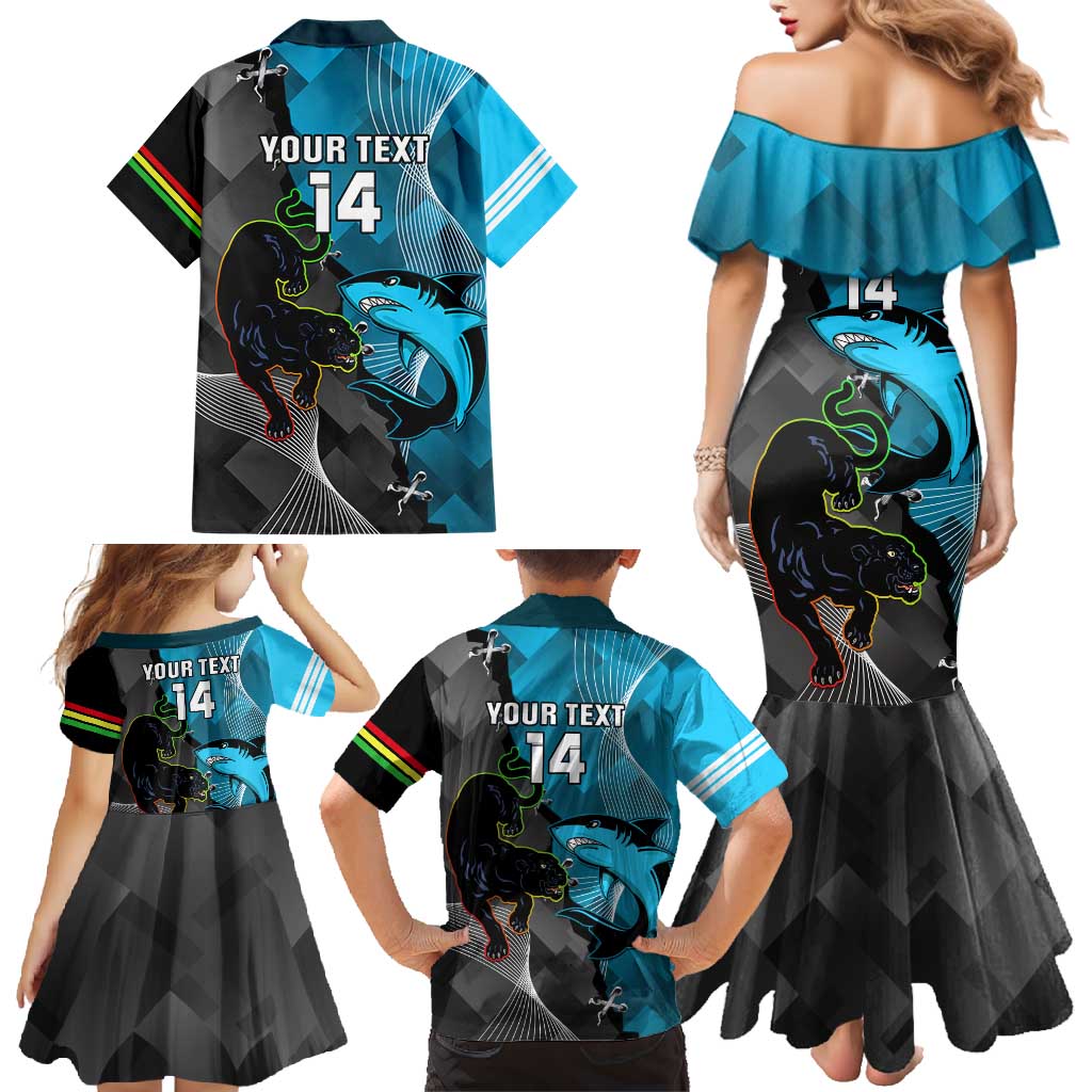 Custom NRL Panthers And Sharks Rugby 2024 Family Matching Mermaid Dress and Hawaiian Shirt Go Champions Dynamic Version