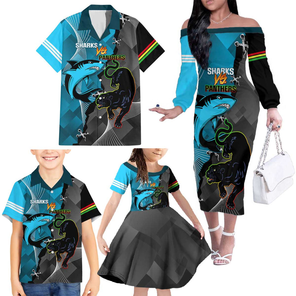 Custom NRL Panthers And Sharks Rugby 2024 Family Matching Off The Shoulder Long Sleeve Dress and Hawaiian Shirt Go Champions Dynamic Version