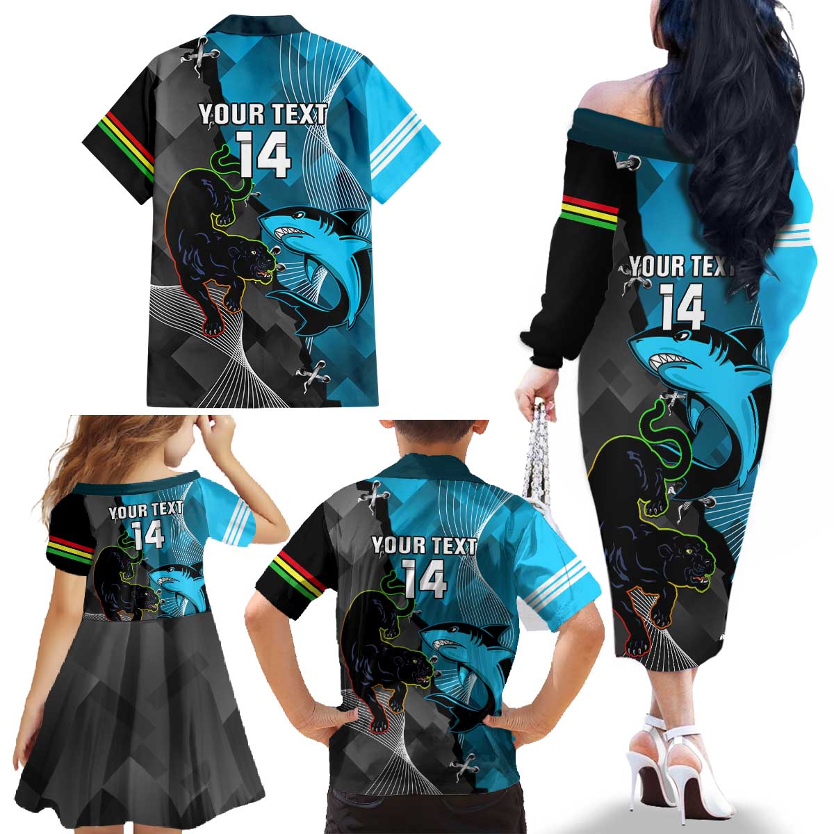 Custom NRL Panthers And Sharks Rugby 2024 Family Matching Off The Shoulder Long Sleeve Dress and Hawaiian Shirt Go Champions Dynamic Version