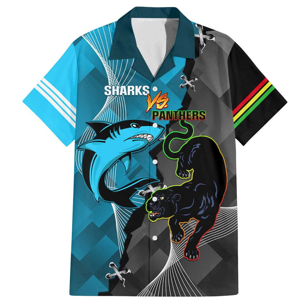 Custom NRL Panthers And Sharks Rugby 2024 Family Matching Off The Shoulder Long Sleeve Dress and Hawaiian Shirt Go Champions Dynamic Version