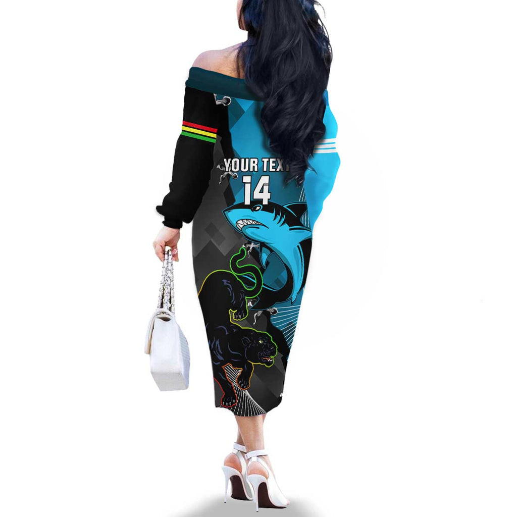Custom NRL Panthers And Sharks Rugby 2024 Family Matching Off The Shoulder Long Sleeve Dress and Hawaiian Shirt Go Champions Dynamic Version