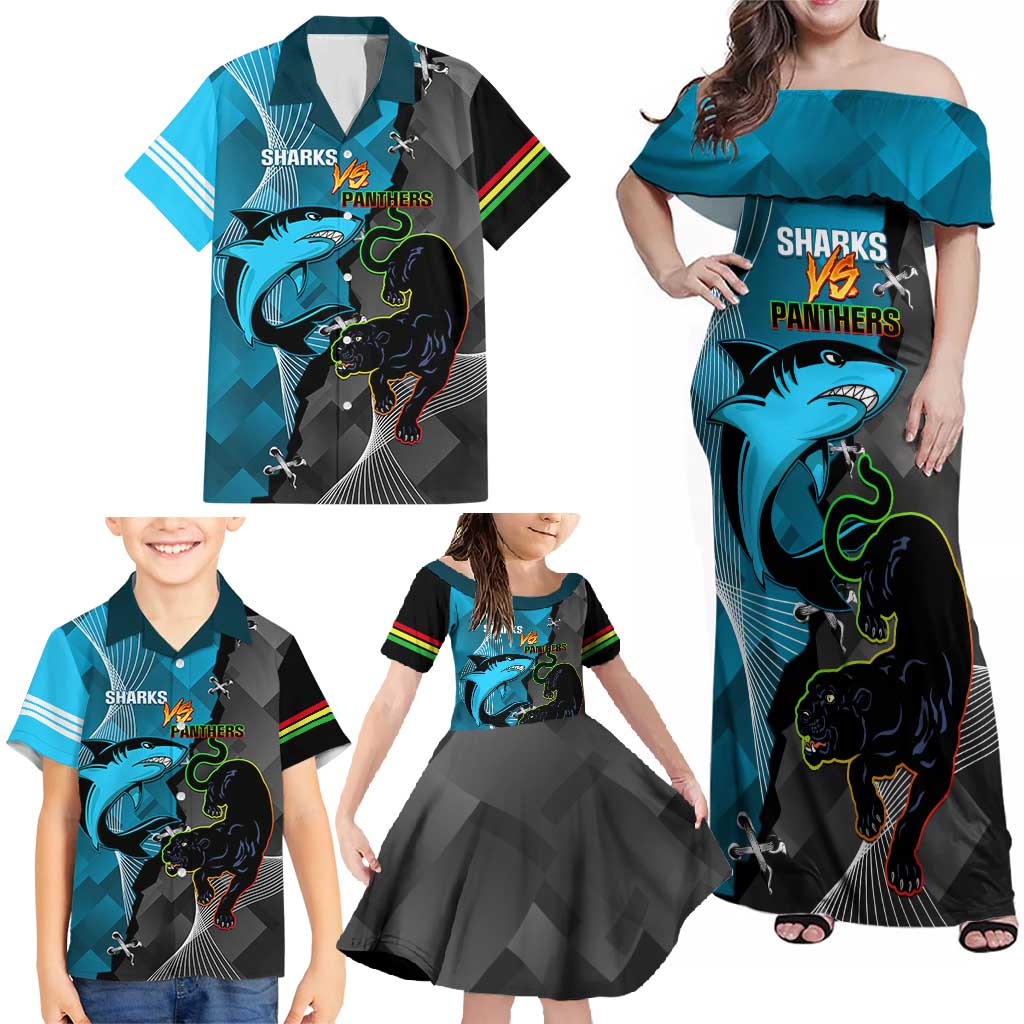 Custom NRL Panthers And Sharks Rugby 2024 Family Matching Off Shoulder Maxi Dress and Hawaiian Shirt Go Champions Dynamic Version