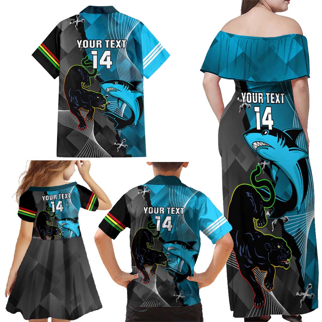 Custom NRL Panthers And Sharks Rugby 2024 Family Matching Off Shoulder Maxi Dress and Hawaiian Shirt Go Champions Dynamic Version