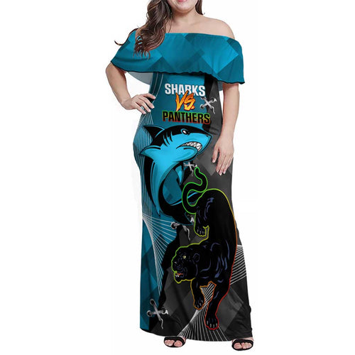 Custom NRL Panthers And Sharks Rugby 2024 Family Matching Off Shoulder Maxi Dress and Hawaiian Shirt Go Champions Dynamic Version