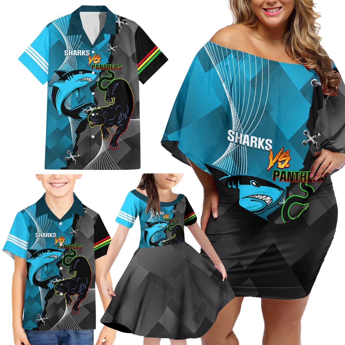 Custom NRL Panthers And Sharks Rugby 2024 Family Matching Off Shoulder Short Dress and Hawaiian Shirt Go Champions Dynamic Version