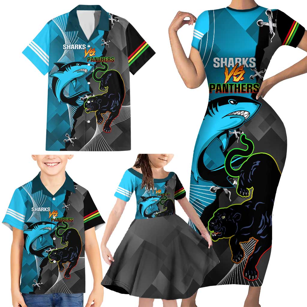 Custom NRL Panthers And Sharks Rugby 2024 Family Matching Short Sleeve Bodycon Dress and Hawaiian Shirt Go Champions Dynamic Version