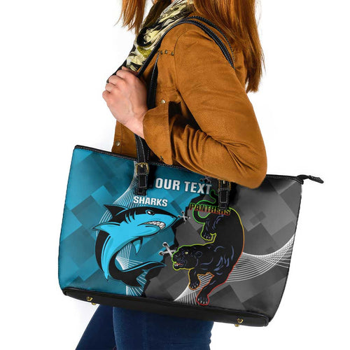 Custom NRL Panthers And Sharks Rugby 2024 Leather Tote Bag Go Champions Dynamic Version