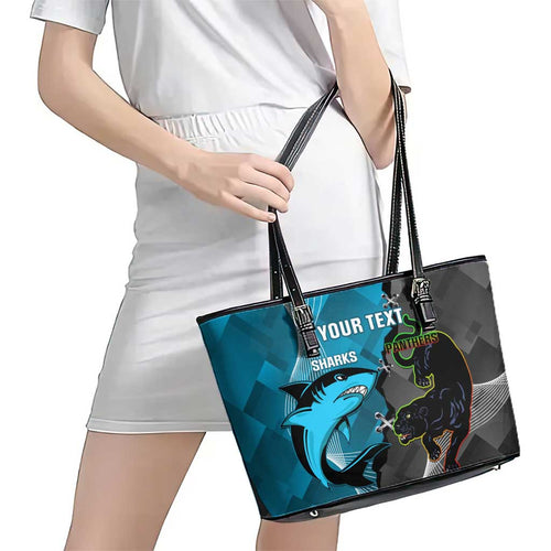 Custom NRL Panthers And Sharks Rugby 2024 Leather Tote Bag Go Champions Dynamic Version