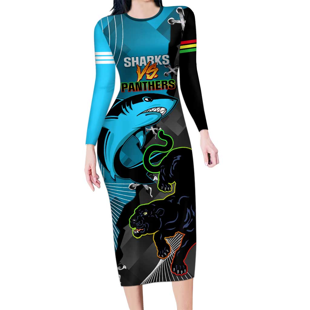 Custom NRL Panthers And Sharks Rugby 2024 Long Sleeve Bodycon Dress Go Champions Dynamic Version