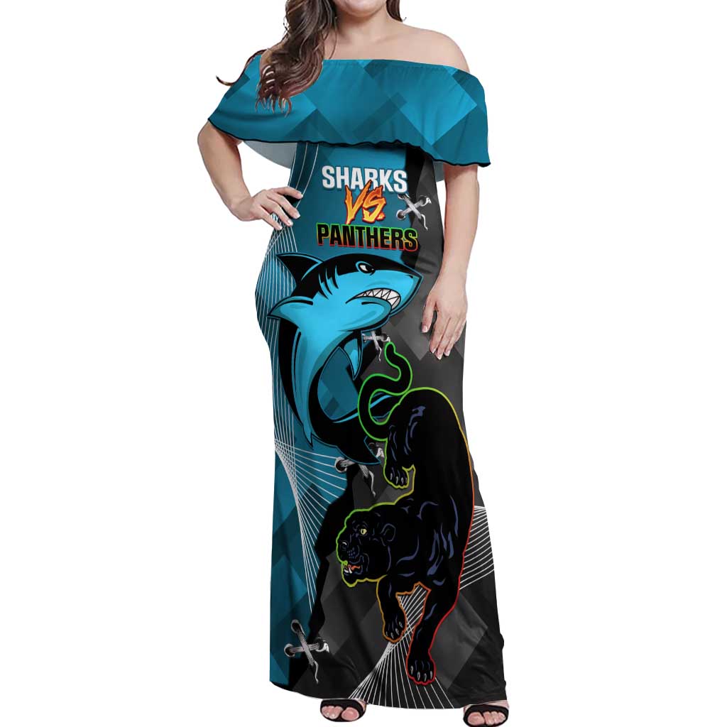 Custom NRL Panthers And Sharks Rugby 2024 Off Shoulder Maxi Dress Go Champions Dynamic Version