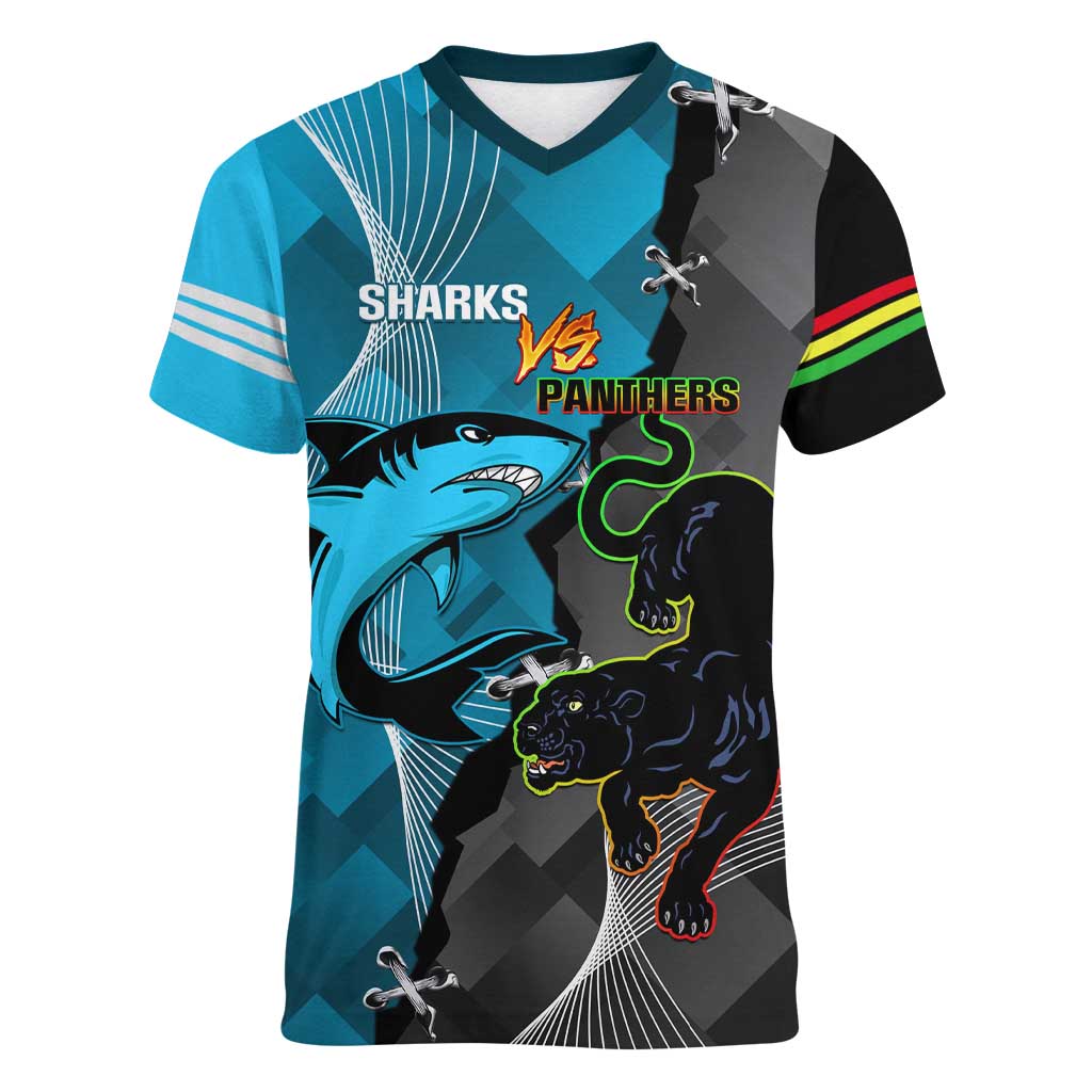 Custom NRL Panthers And Sharks Rugby 2024 Women V-Neck T-Shirt Go Champions Dynamic Version