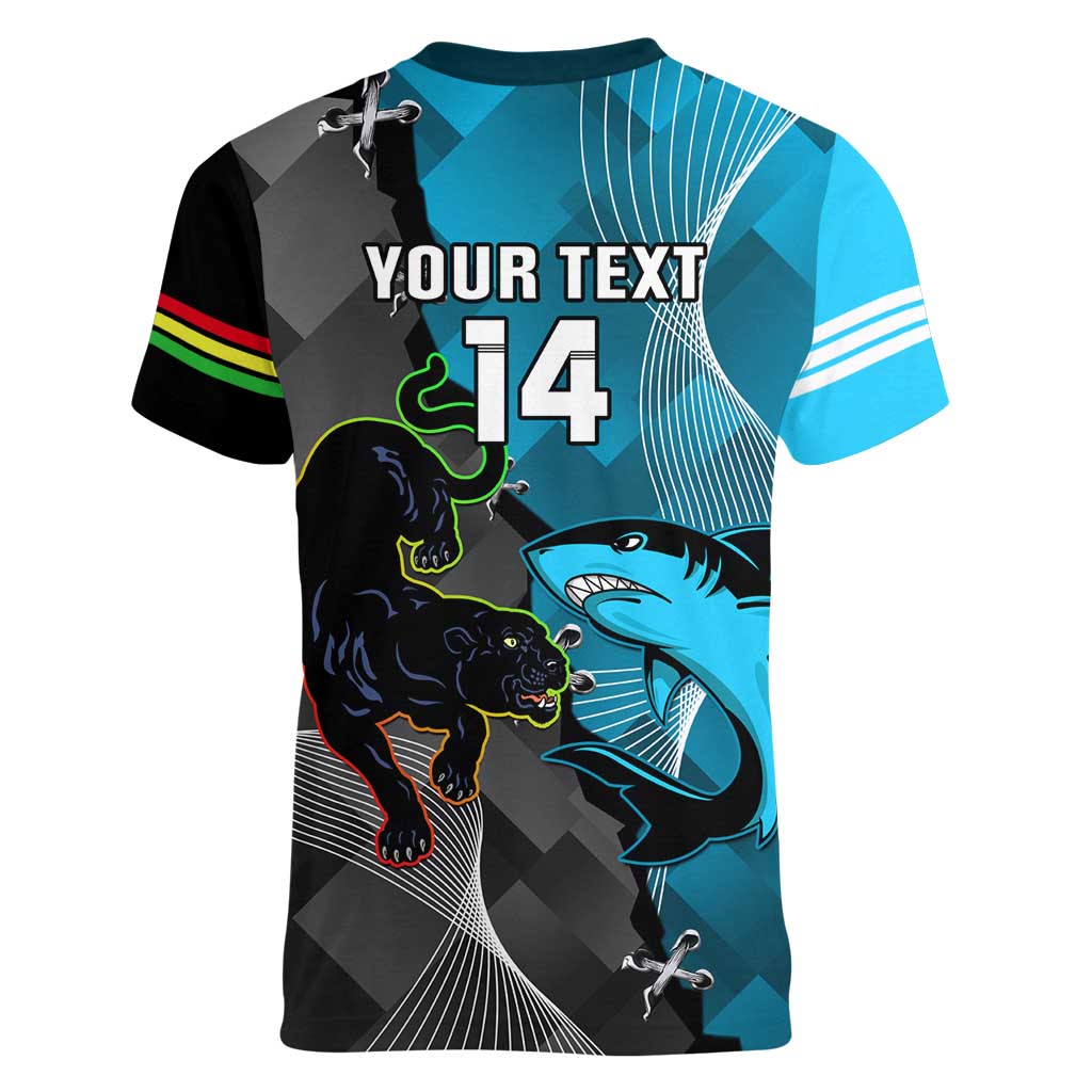 Custom NRL Panthers And Sharks Rugby 2024 Women V-Neck T-Shirt Go Champions Dynamic Version