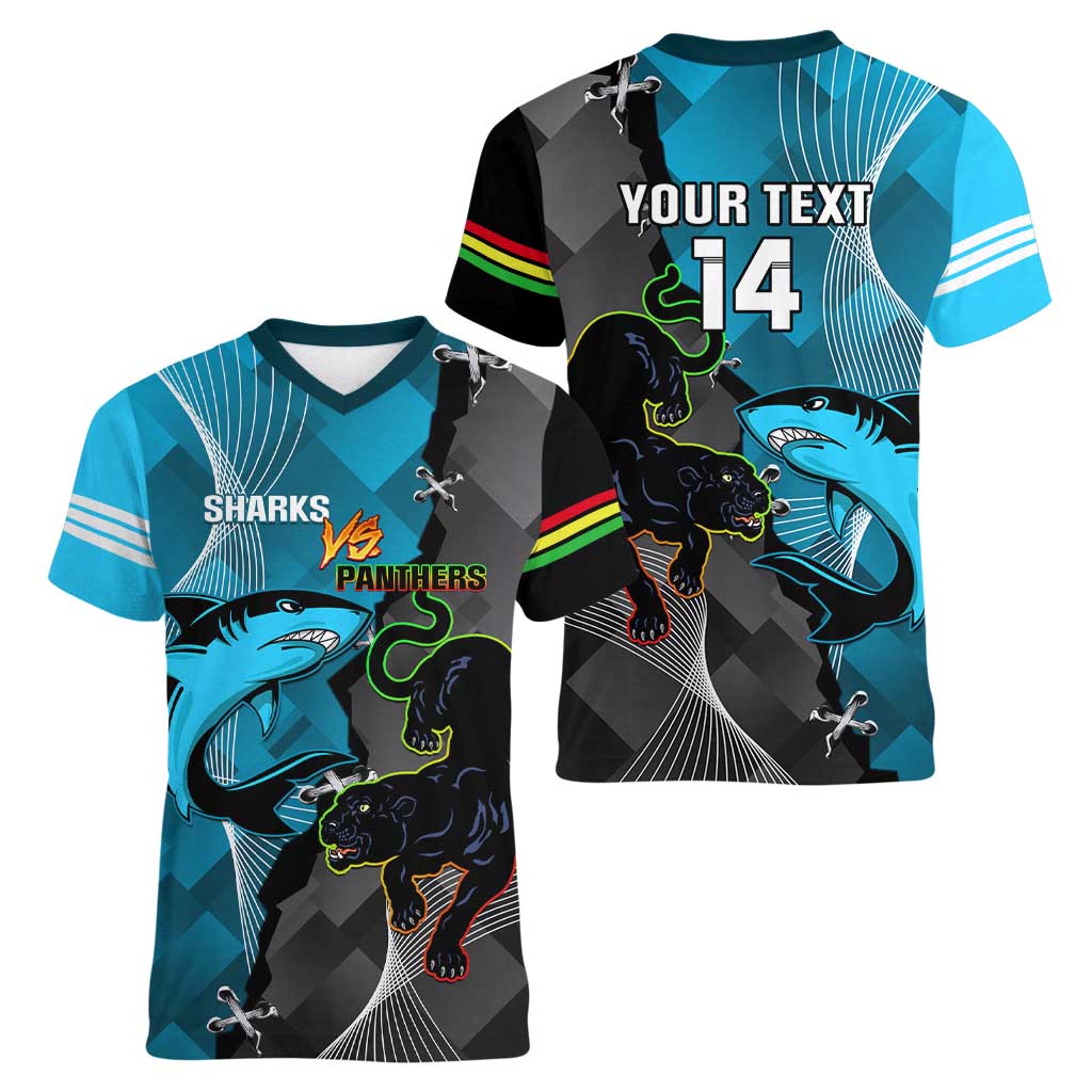 Custom NRL Panthers And Sharks Rugby 2024 Women V-Neck T-Shirt Go Champions Dynamic Version