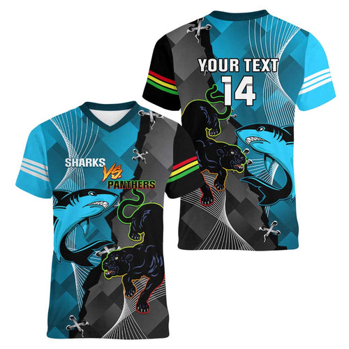 Custom NRL Panthers And Sharks Rugby 2024 Women V-Neck T-Shirt Go Champions Dynamic Version