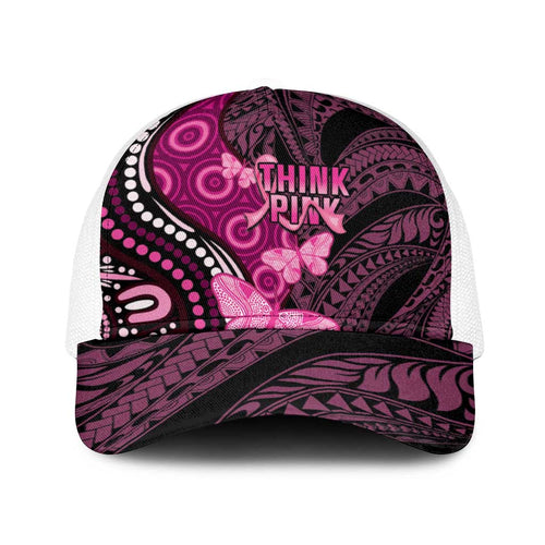 Think Pink Breast Cancer Awareness Australia Baseball Net Cap Butterfly Aboriginal Mix Polynesian Pattern - Aussie Hoodie