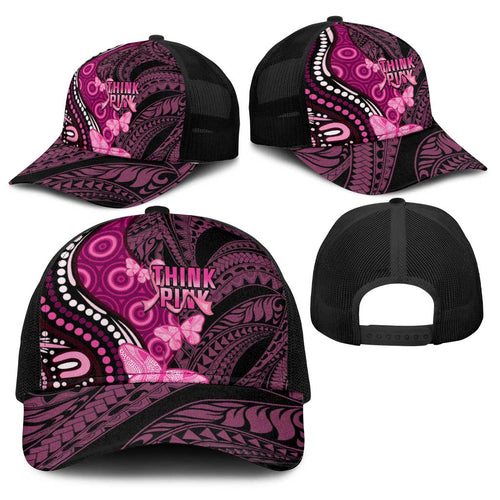 Think Pink Breast Cancer Awareness Australia Baseball Net Cap Butterfly Aboriginal Mix Polynesian Pattern - Aussie Hoodie