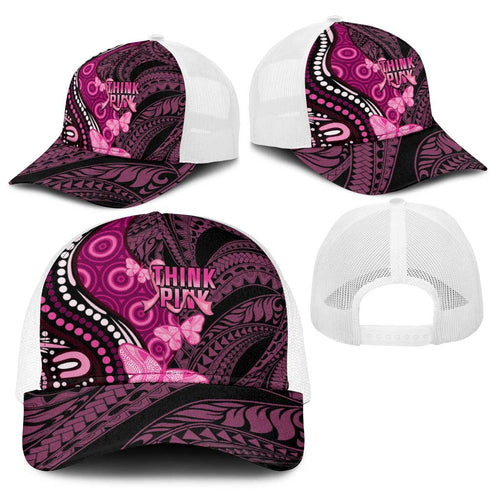 Think Pink Breast Cancer Awareness Australia Baseball Net Cap Butterfly Aboriginal Mix Polynesian Pattern - Aussie Hoodie