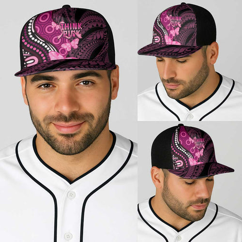 Think Pink Breast Cancer Awareness Australia Baseball Net Cap Butterfly Aboriginal Mix Polynesian Pattern - Aussie Hoodie