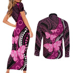 Think Pink Breast Cancer Awareness Couples Matching Short Sleeve Bodycon Dress and Long Sleeve Button Shirt Butterfly Aboriginal Mix Polynesian Pattern