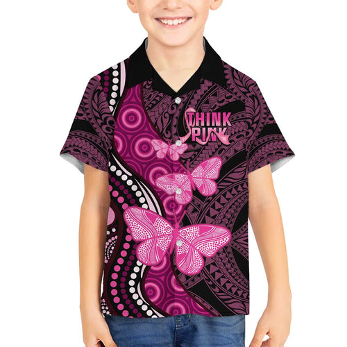 Think Pink Breast Cancer Awareness Family Matching Off The Shoulder Long Sleeve Dress and Hawaiian Shirt Butterfly Aboriginal Mix Polynesian Pattern