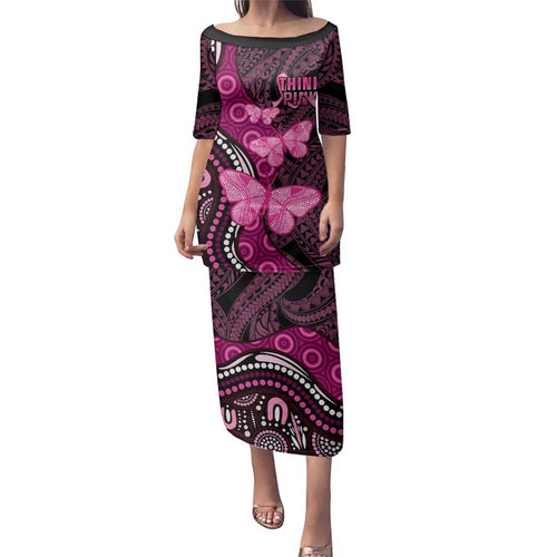 Think Pink Breast Cancer Awareness Family Matching Puletasi and Hawaiian Shirt Butterfly Aboriginal Mix Polynesian Pattern