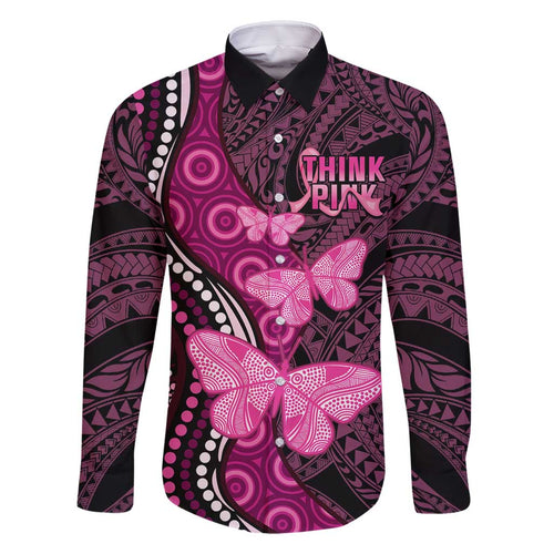 Think Pink Breast Cancer Awareness Family Matching Tank Maxi Dress and Hawaiian Shirt Butterfly Aboriginal Mix Polynesian Pattern