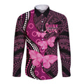 Think Pink Breast Cancer Awareness Long Sleeve Button Shirt Butterfly Aboriginal Mix Polynesian Pattern