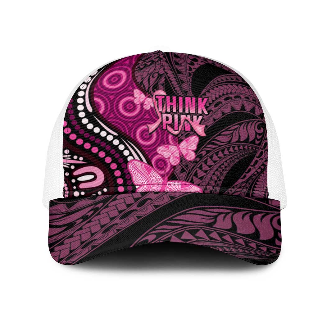 Think Pink Breast Cancer Awareness Australia Mesh Trucker Cap Butterfly Aboriginal Mix Polynesian Pattern - Aussie Hoodie